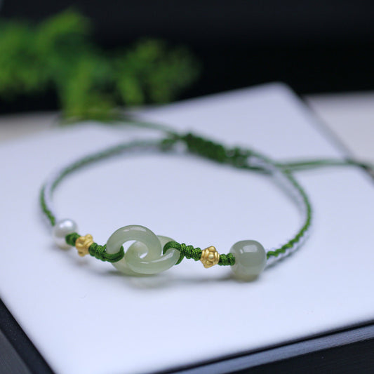 Natural Hetian Jade Interlocking Rings Bracelet (Green & White Cord)