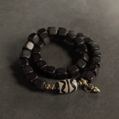 Double Tiger-Tooth Dzi & Ebony Bracelet for Protection & Royal Energy