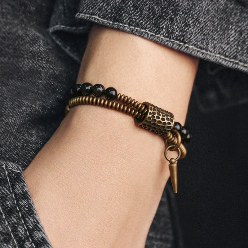 Tibetan Style Obsidian & Brass Wrap Bracelet for Courage & Spiritual Growth
