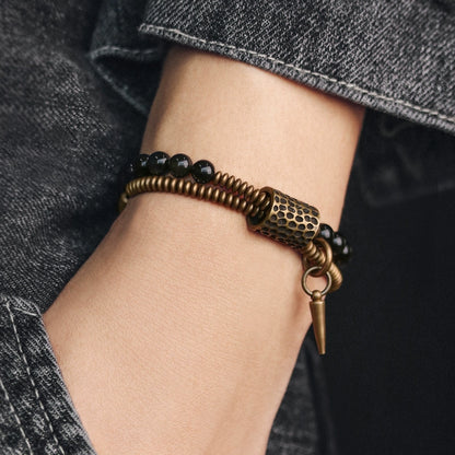 Tibetan Style Obsidian & Brass Wrap Bracelet for Courage & Spiritual Growth