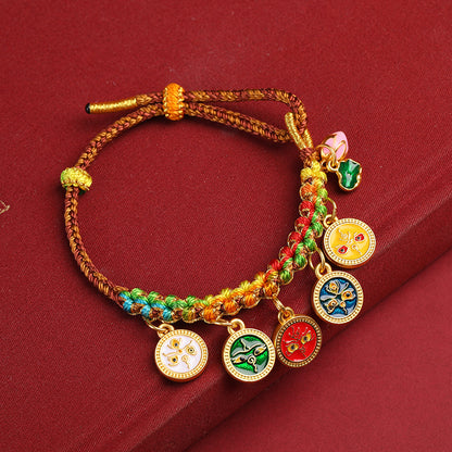 Five-Color Tibetan Braided Bracelet with 5 Wealth Gods Charms (Enamel)