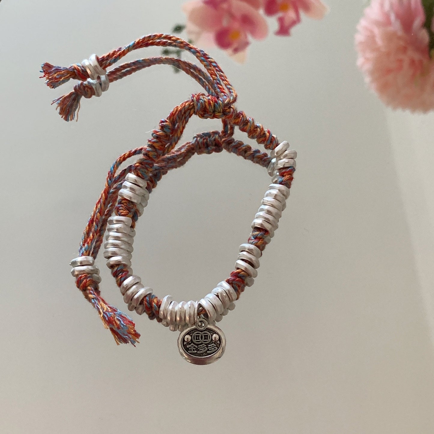 Tribal Red String Braided Bracelet with Vintage Silver Rings & Charms (Adjustable)
