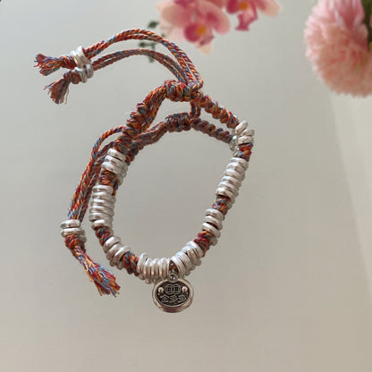 Tribal Red String Braided Bracelet with Vintage Silver Rings & Charms (Adjustable)