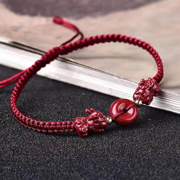 Cinnabar Double Pixiu Red String Bracelet (Adjustable Feng Shui Wealth)