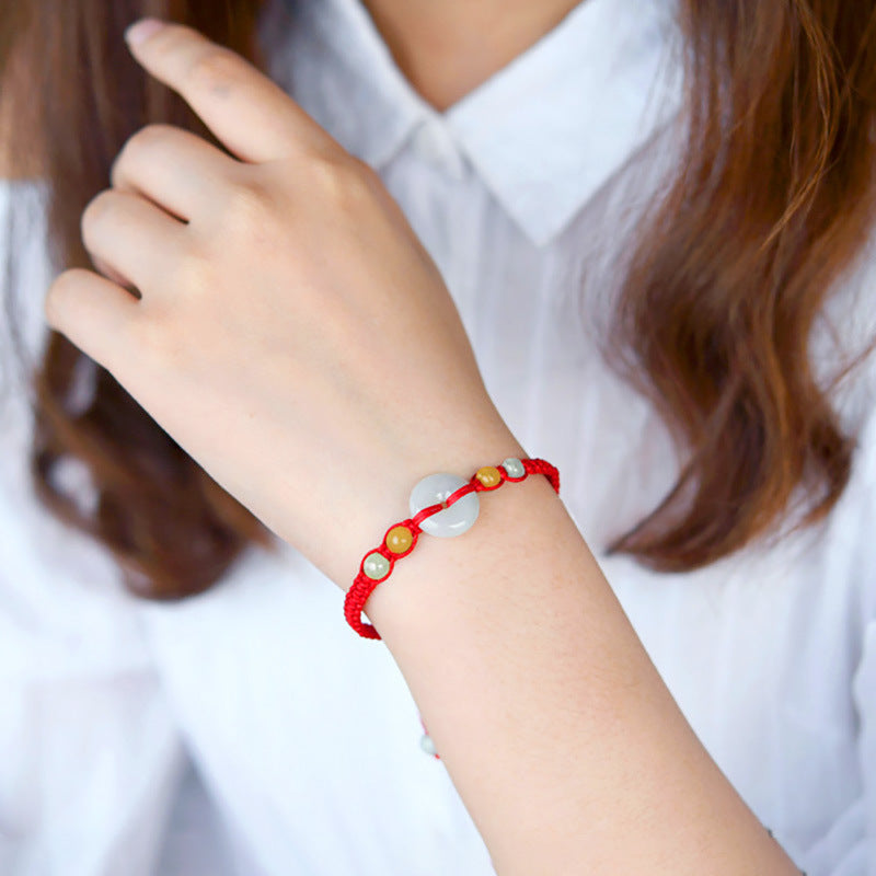 Natural Type A Jadeite Donut Red String Bracelet (Ping An Kou) - Adjustable