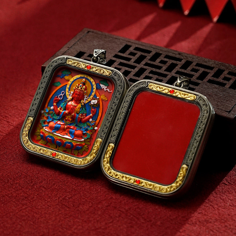 Hand-Painted Cinnabar Thangka Pendant (White Copper Frame) - Qilin & Zodiac Buddha