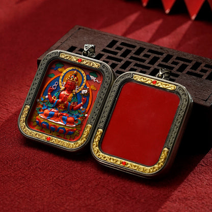 Hand-Painted Cinnabar Thangka Pendant (White Copper Frame) - Qilin & Zodiac Buddha