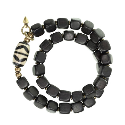Double Tiger-Tooth Dzi & Ebony Bracelet for Protection & Royal Energy