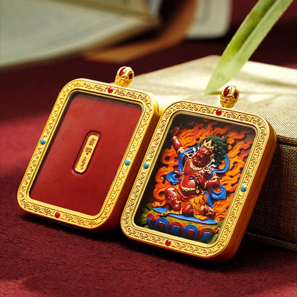 Hand-Painted Cinnabar Thangka Pendant (Brass Frame) - 15 Deity Options