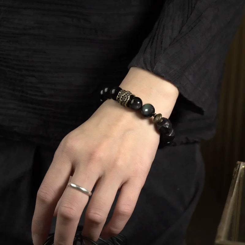 Handcrafted Ebony Wooden Bead Bracelet | Antique Copper Bracelet for Protection & Good Fortune