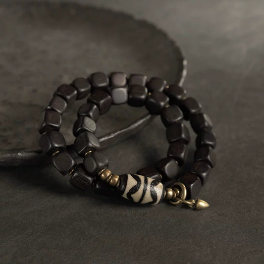 Double Tiger-Tooth Dzi & Ebony Bracelet for Protection & Royal Energy
