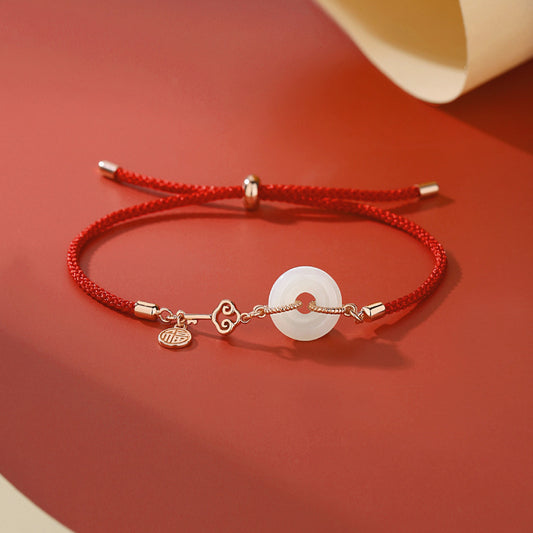 S925 Silver & Natural Hetian Jade Donut Red String Bracelet with Ruyi Key (Adjustable)