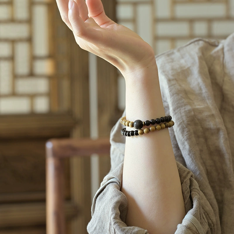 Verawood & Obsidian Heart Sutra Bracelet for Peace, Protection & Courage