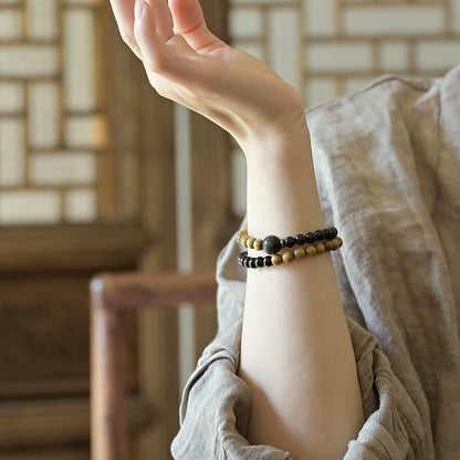 Verawood & Obsidian Heart Sutra Bracelet for Peace, Protection & Courage