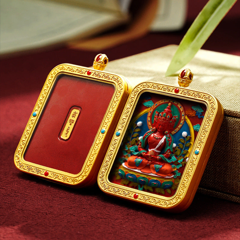 Hand-Painted Cinnabar Thangka Pendant (Brass Frame) - 15 Deity Options