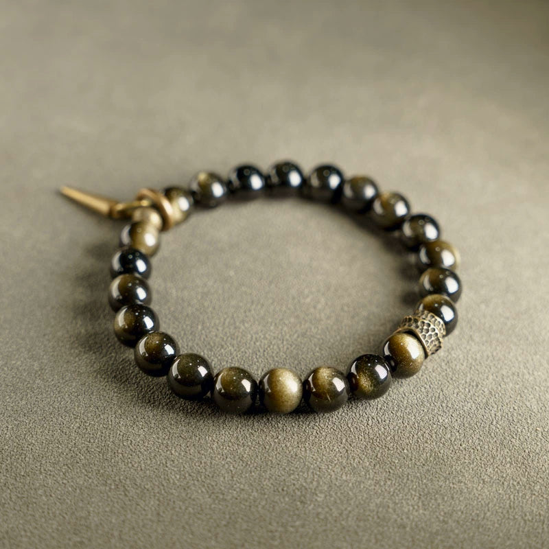 Golden Obsidian & Brass Feng Shui Bracelet for Wealth & Strength