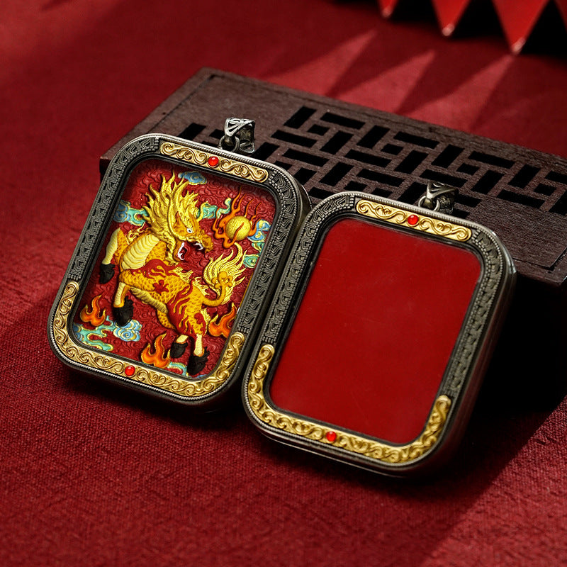 Hand-Painted Cinnabar Thangka Pendant (White Copper Frame) - Qilin & Zodiac Buddha