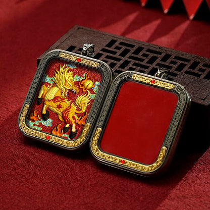 Hand-Painted Cinnabar Thangka Pendant (White Copper Frame) - Qilin & Zodiac Buddha