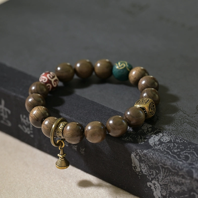 Golden Silk Phoebe Wood Buddha Beads Mala | Copper Bracelet with Dzi for Protection & Wisdom