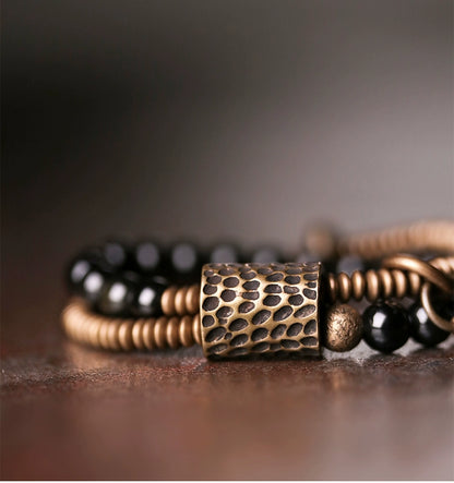 Tibetan Style Obsidian & Brass Wrap Bracelet for Courage & Spiritual Growth