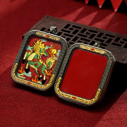 Hand-Painted Cinnabar Thangka Pendant (White Copper Frame) - Qilin & Zodiac Buddha