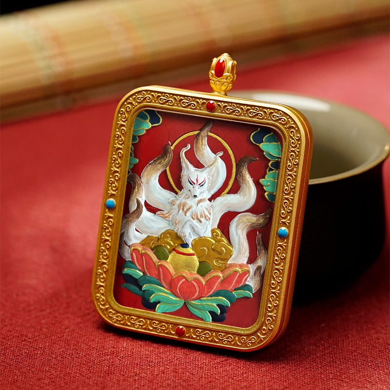 Hand-Painted Cinnabar Thangka Pendant (Brass Frame) - 15 Deity Options