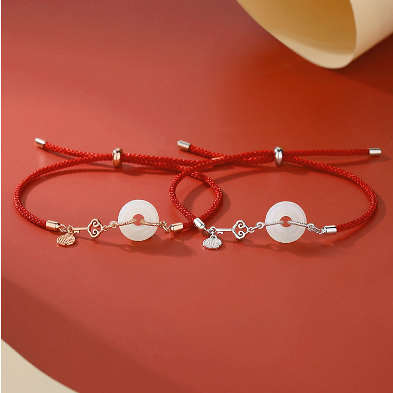 S925 Silver & Natural Hetian Jade Donut Red String Bracelet with Ruyi Key (Adjustable)