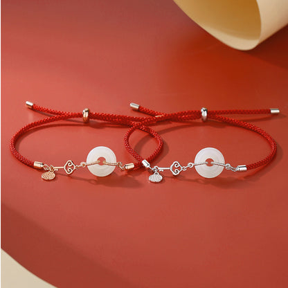S925 Silver & Natural Hetian Jade Donut Red String Bracelet with Ruyi Key (Adjustable)