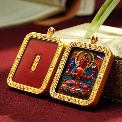 Hand-Painted Cinnabar Thangka Pendant (Brass Frame) - 15 Deity Options