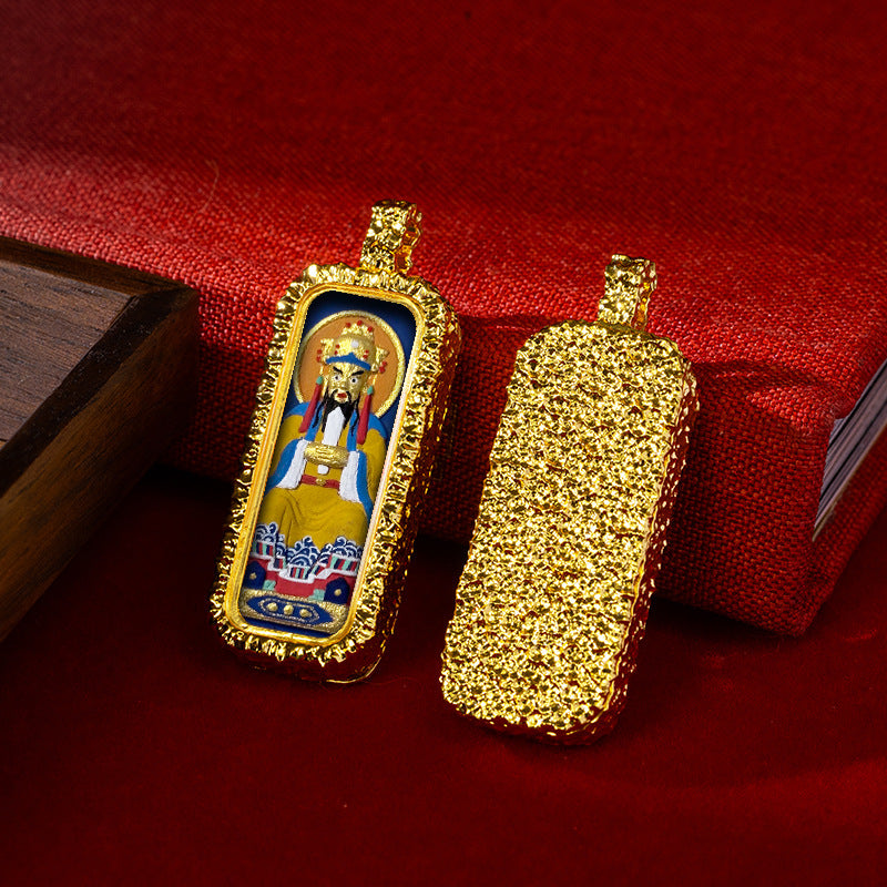 Hammered Brass Tibetan Tsha-Tsha Pendant (Rectangular Hand-Painted Amulet)