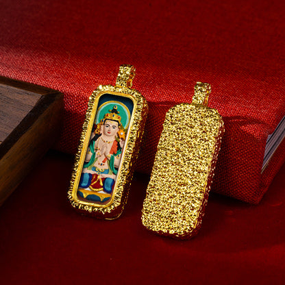 Hammered Brass Tibetan Tsha-Tsha Pendant (Rectangular Hand-Painted Amulet)