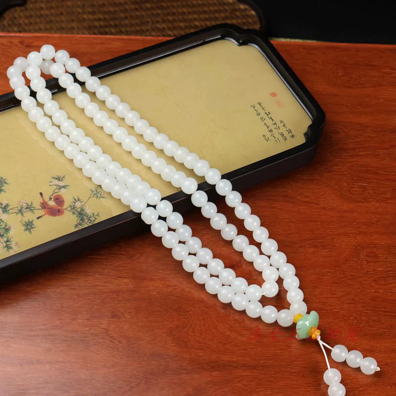 Pure White Jade 108 Mala Beads for Healing, Purity & Good Fortune