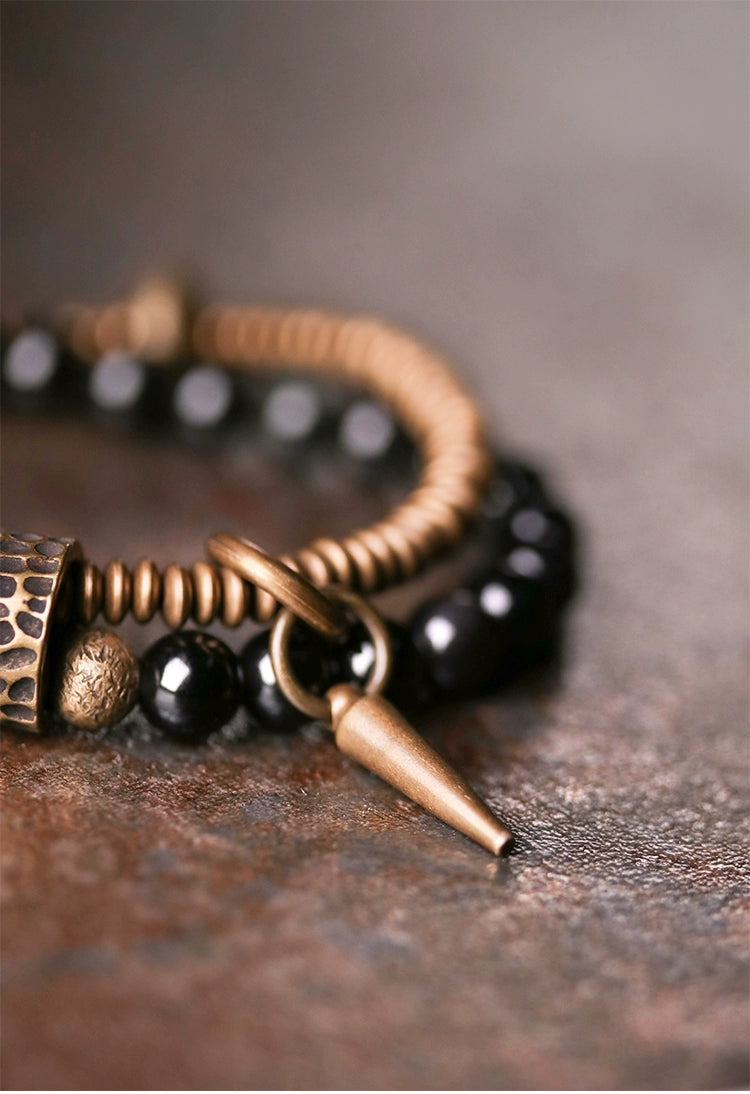Tibetan Style Obsidian & Brass Wrap Bracelet for Courage & Spiritual Growth