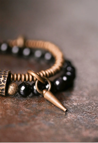 Tibetan Style Obsidian & Brass Wrap Bracelet for Courage & Spiritual Growth