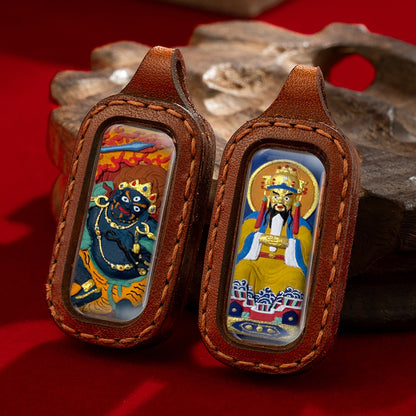 Hand-Painted Tibetan Clay Pendant in Stitched Leather Case (Double-Sided Amulet)