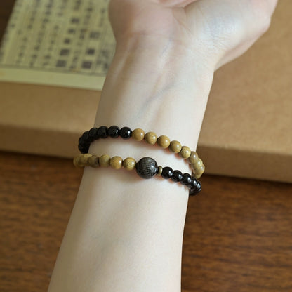 Verawood & Obsidian Heart Sutra Bracelet for Peace, Protection & Courage