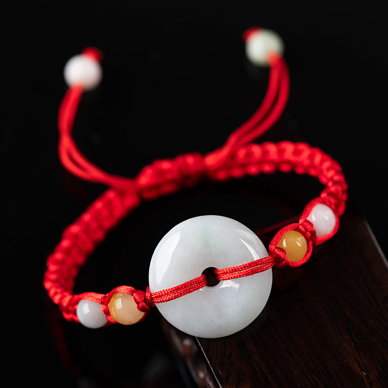 Natural Type A Jadeite Donut Red String Bracelet (Ping An Kou) - Adjustable