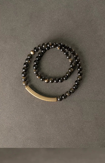 Golden Obsidian & Brass Tibetan Bracelet for Confidence