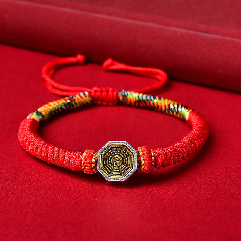 Yin Yang Bagua Red String Bracelet with Five-Color Vajra Knot (Adjustable)