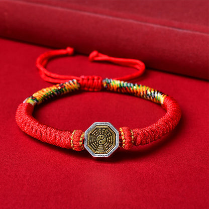 Yin Yang Bagua Red String Bracelet with Five-Color Vajra Knot (Adjustable)