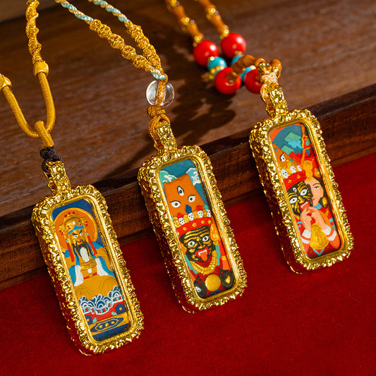 Hammered Brass Tibetan Tsha-Tsha Pendant (Rectangular Hand-Painted Amulet)