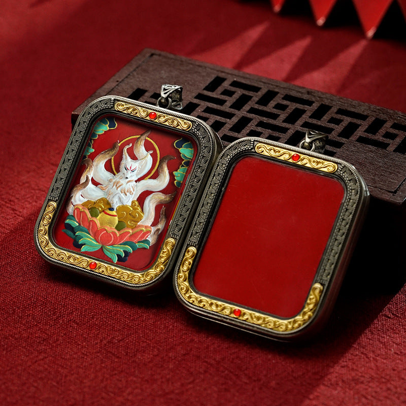 Hand-Painted Cinnabar Thangka Pendant (White Copper Frame) - Qilin & Zodiac Buddha