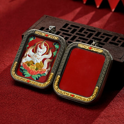 Hand-Painted Cinnabar Thangka Pendant (White Copper Frame) - Qilin & Zodiac Buddha