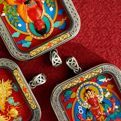Hand-Painted Cinnabar Thangka Pendant (White Copper Frame) - Qilin & Zodiac Buddha