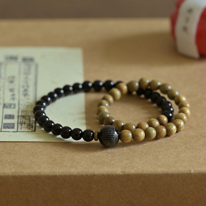 Verawood & Obsidian Heart Sutra Bracelet for Peace, Protection & Courage