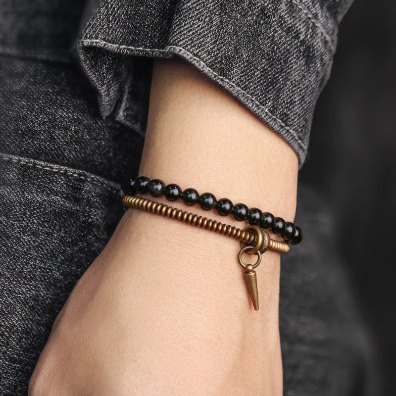 Tibetan Style Obsidian & Brass Wrap Bracelet for Courage & Spiritual Growth