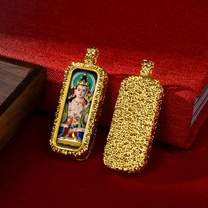 Hammered Brass Tibetan Tsha-Tsha Pendant (Rectangular Hand-Painted Amulet)