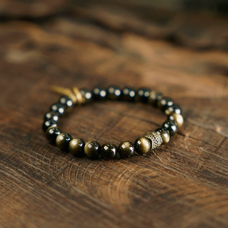 Golden Obsidian & Brass Feng Shui Bracelet for Wealth & Strength