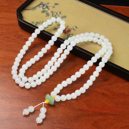 Pure White Jade 108 Mala Beads for Healing, Purity & Good Fortune