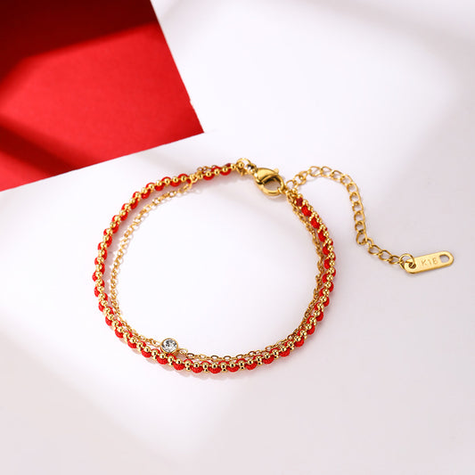Double Layer Red String Bracelet with Solitaire Zircon (Gold Plated Steel)